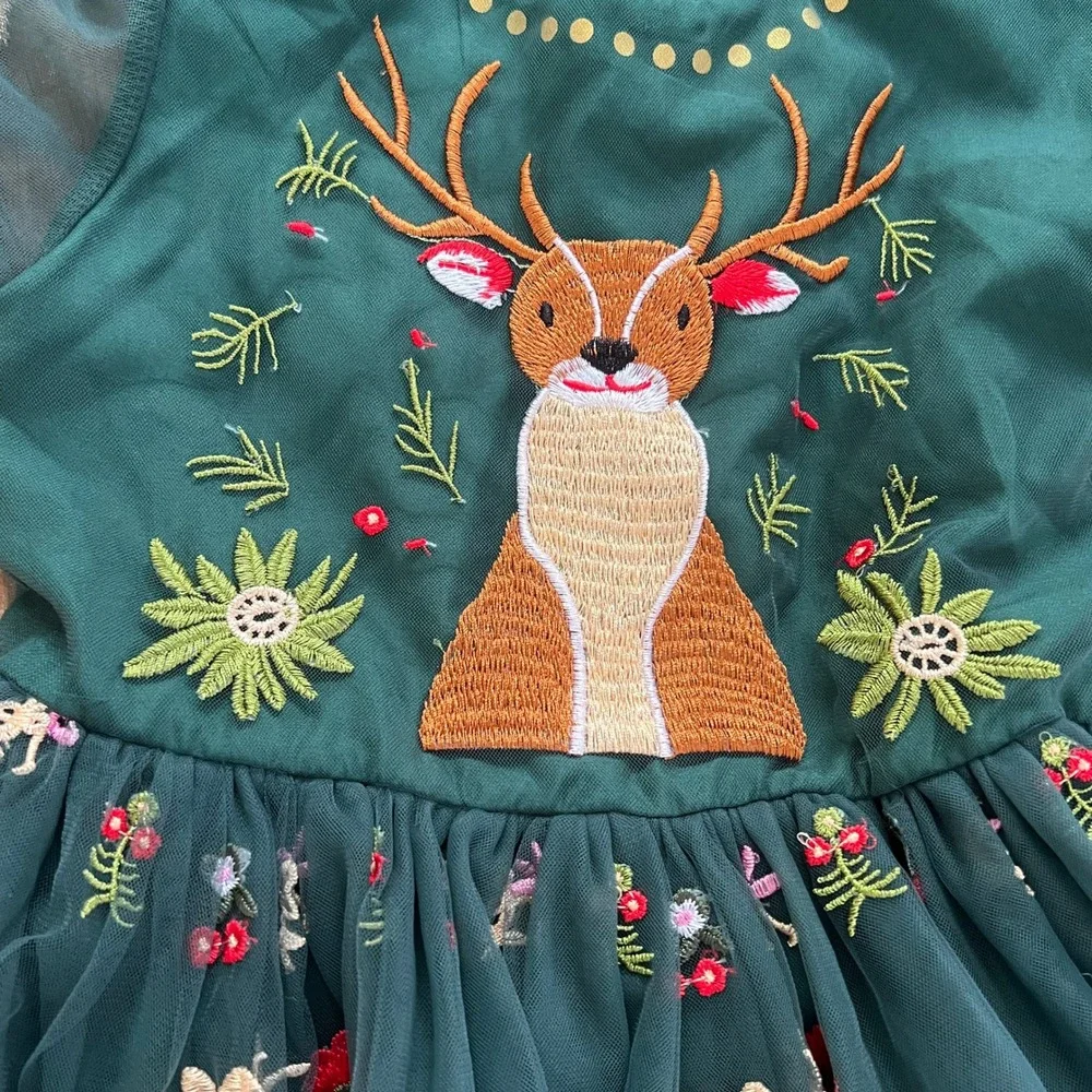 Mini Taylor Reindeer Floral Tulle Dress 7-8Y Girls Forest Green Christmas Party